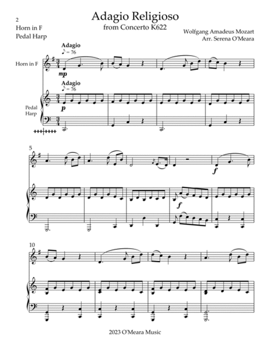 Adagio Religioso, K622, Duet for Horn in F & Pedal Harp image number null