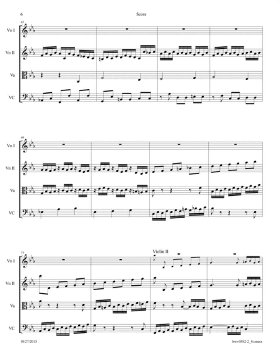 Bach: Fugue in c BWV 582 Arranged for String Quartet. String Quartet scores gallery preview page 6