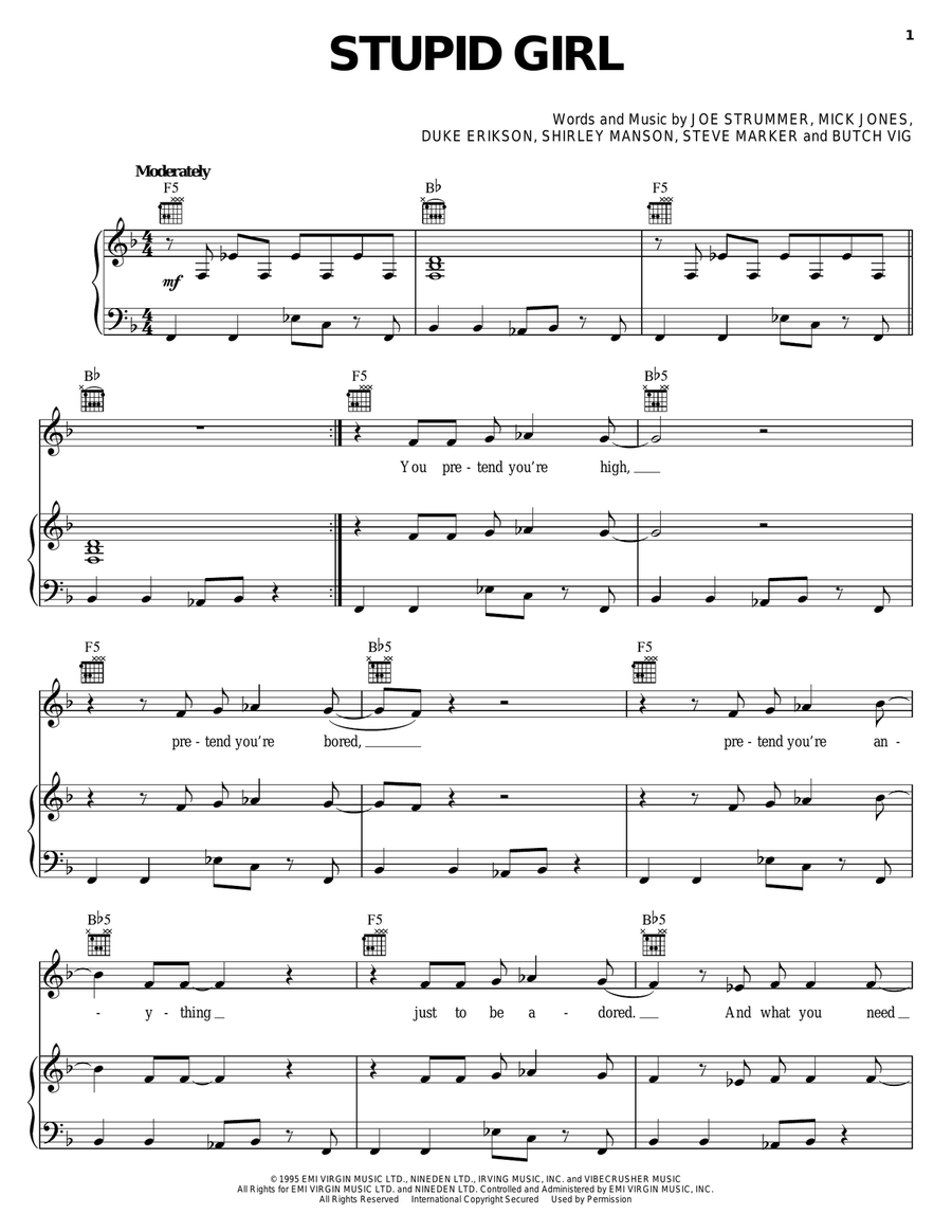 Stupid Girl Piano, Vocal, Guitar scores gallery preview page 1