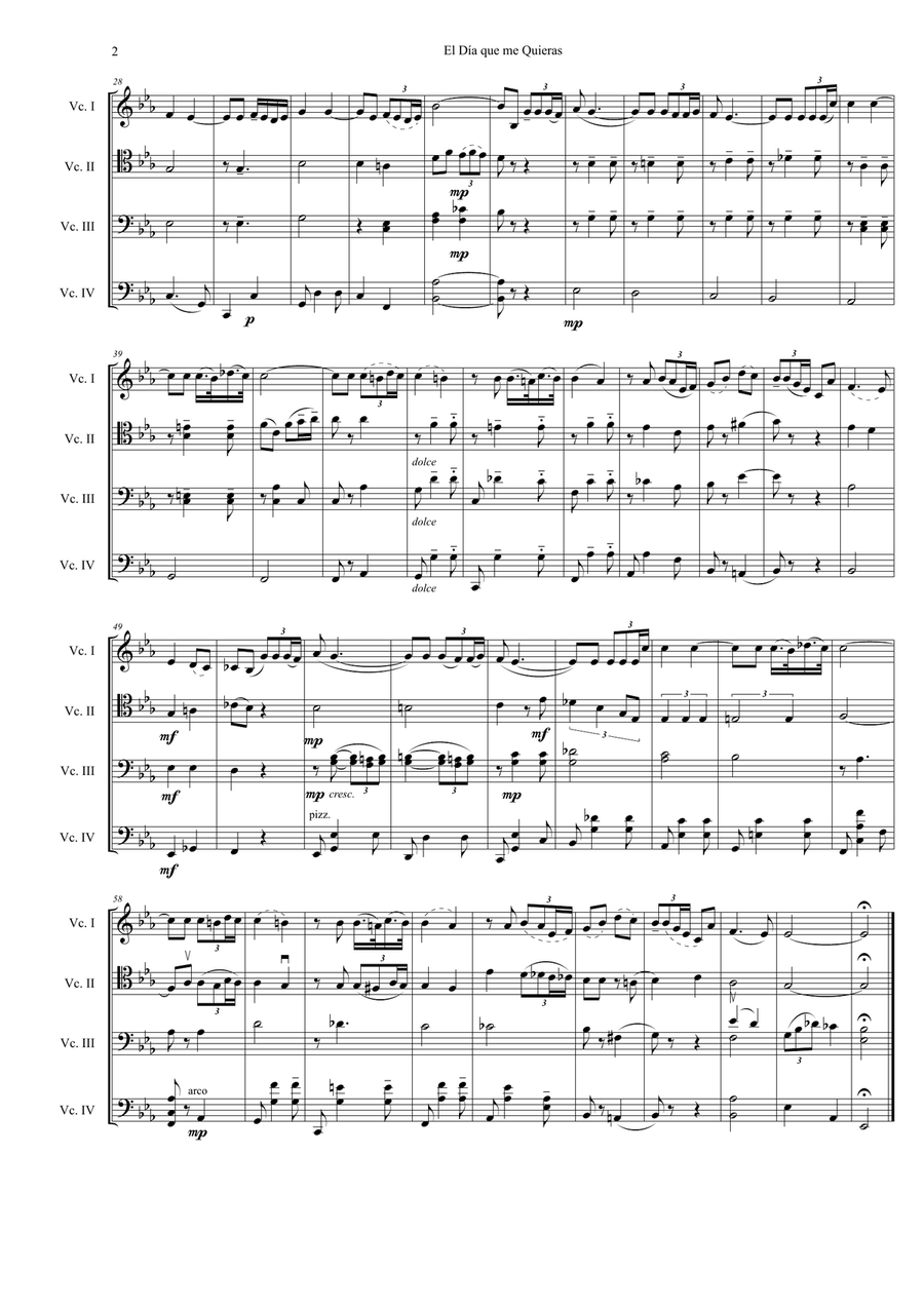 Carlos Gardel, El día que me quieras, arreglo para cuarteto de cellos String Quartet scores gallery preview page 3