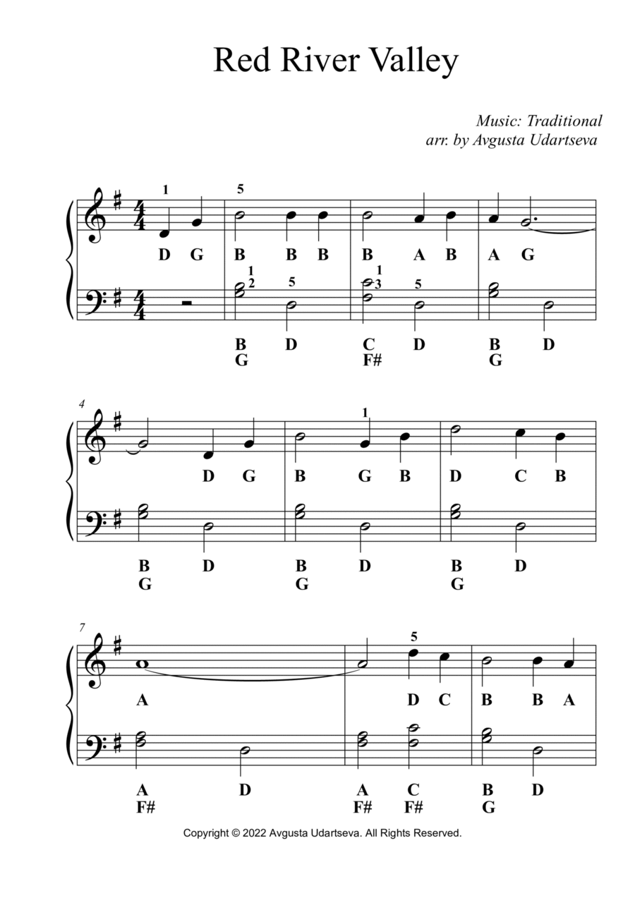 Red River Valley Bass Clef Easy with Letters Easy Piano scores gallery preview page 1