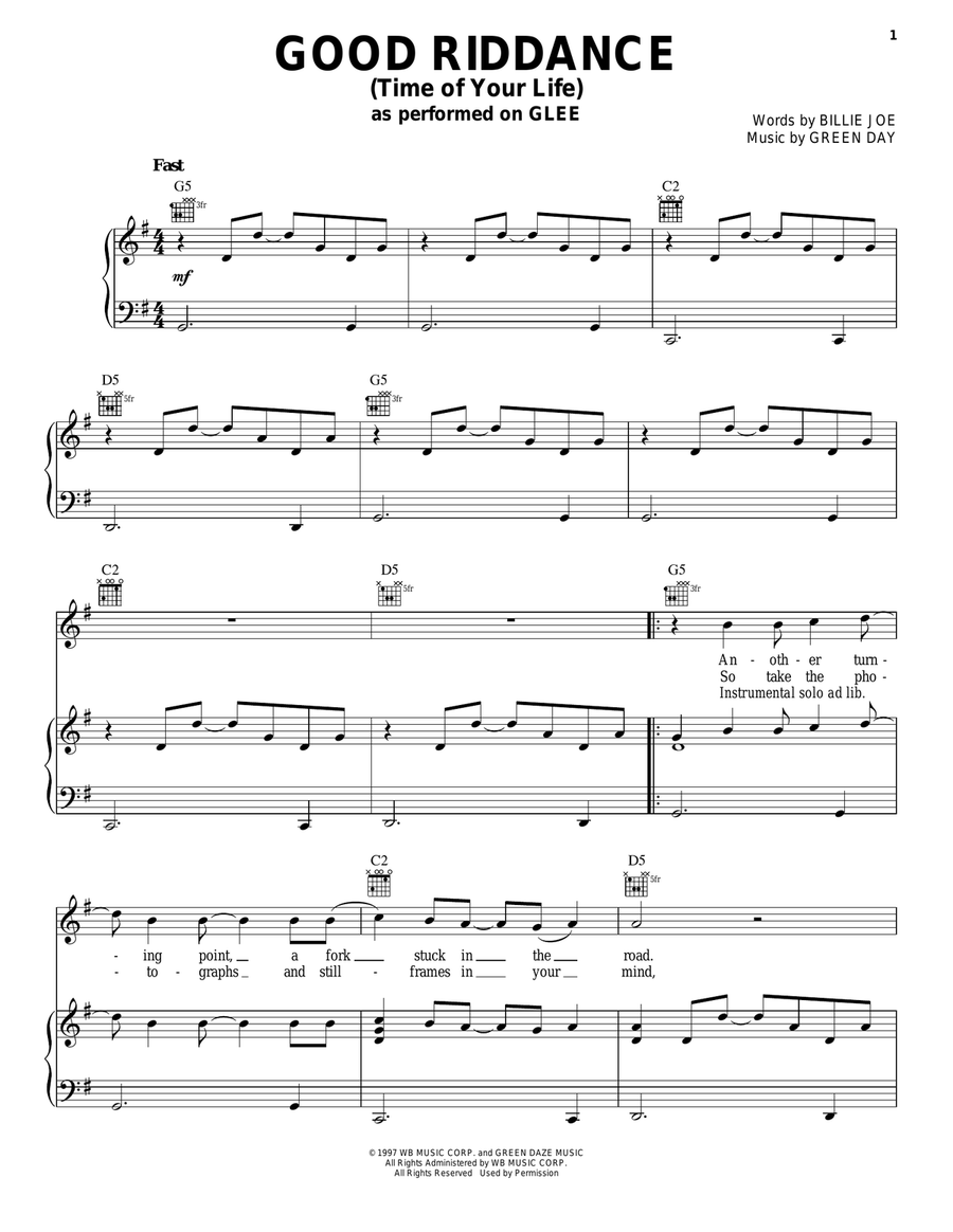 Good Riddance (Time Of Your Life) Piano, Vocal, Guitar scores gallery preview page 1