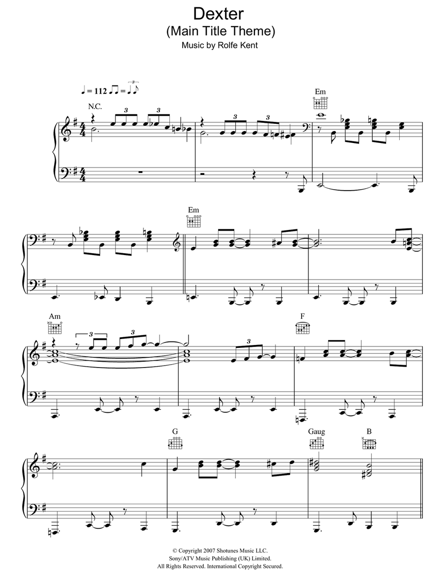 Dexter (Main Title Theme) Piano Solo scores gallery preview page 1