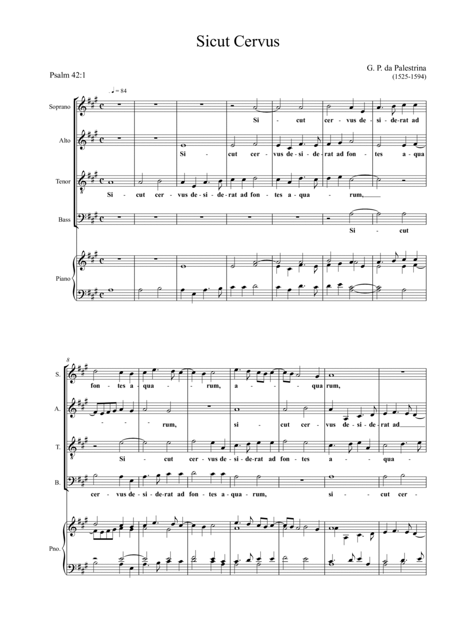 Giovanni Pierluigi da Palestrina - Sicut Cervus (SATB Choir + Piano Reduction) 4-Part scores gallery preview page 1