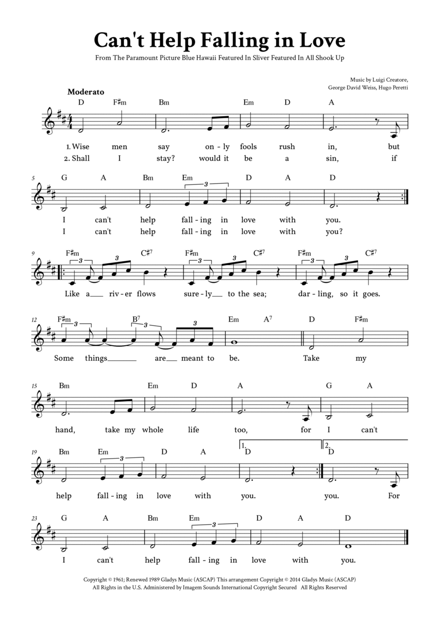 Can't Help Falling In Love Easy Piano scores gallery preview page 1