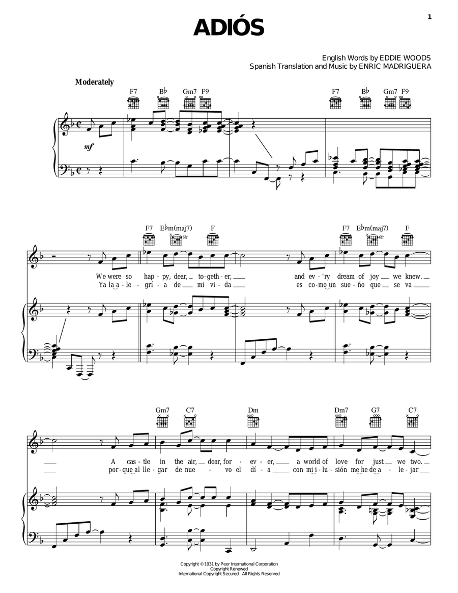 Adios Piano, Vocal, Guitar scores gallery preview page 1