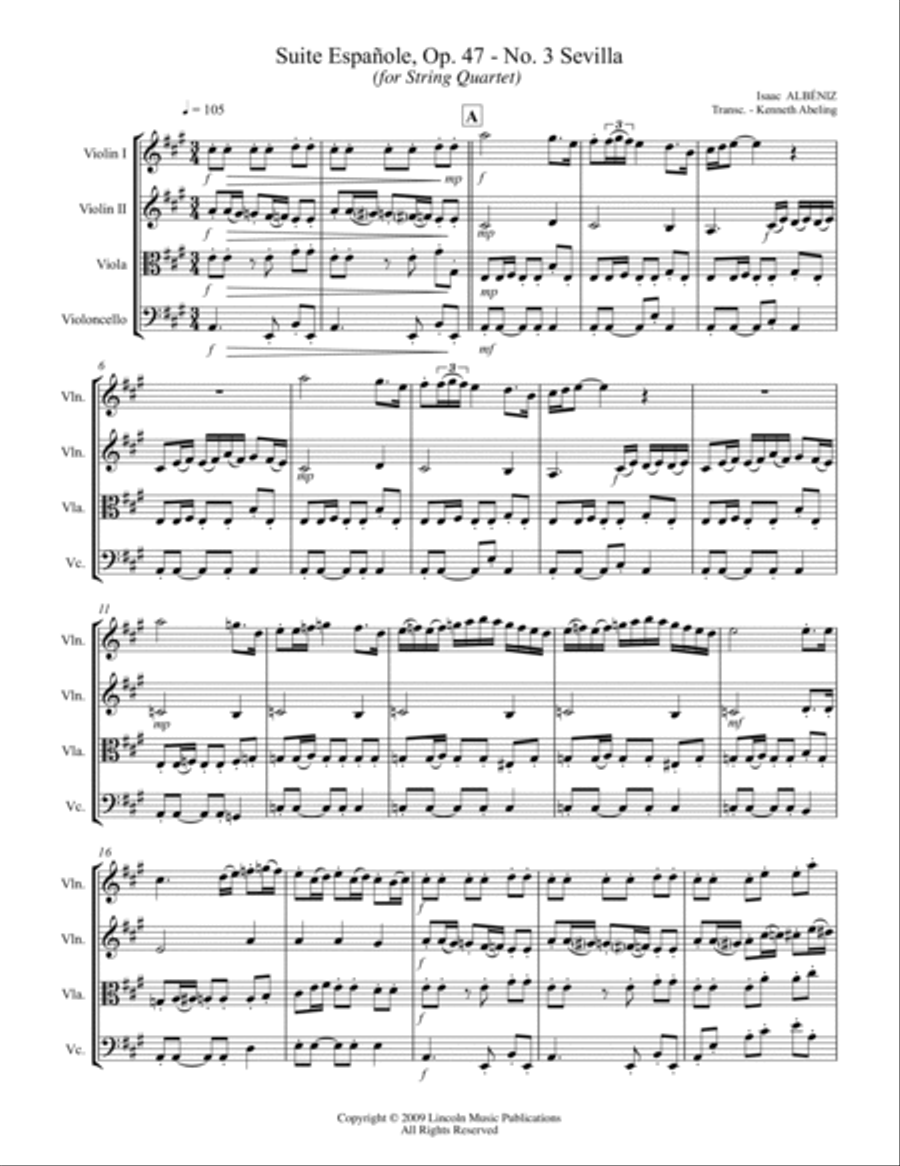 Albéniz - “Sevilla” from Suite Española (for String Quartet) String Quartet scores gallery preview page 2