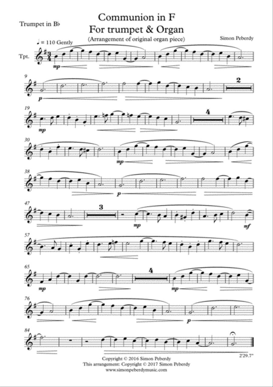 Communion in F for Trumpet and Organ by Simon Peberdy Trumpet Duet scores gallery preview page 1