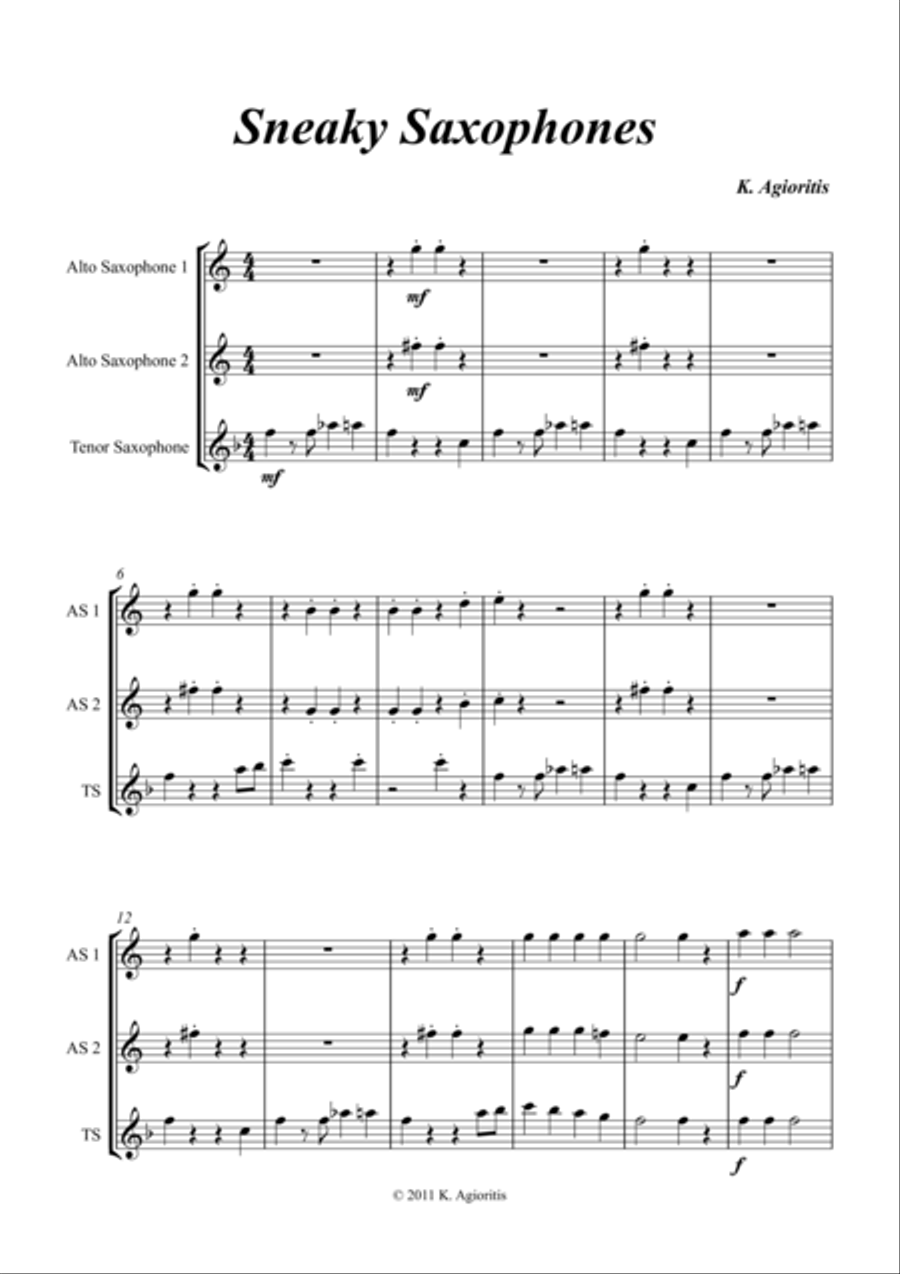 Sneaky Saxophones - Trio for Young Sax Players (AAT) Woodwind Trio scores gallery preview page 1