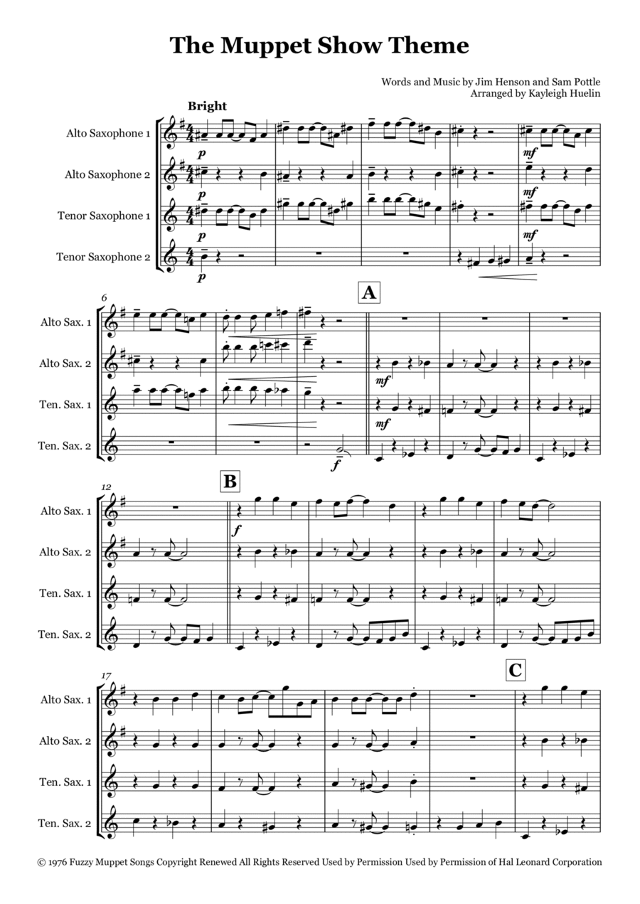The Muppet Show Theme The Muppet Show Theme Saxophone Quartet scores gallery preview page 1