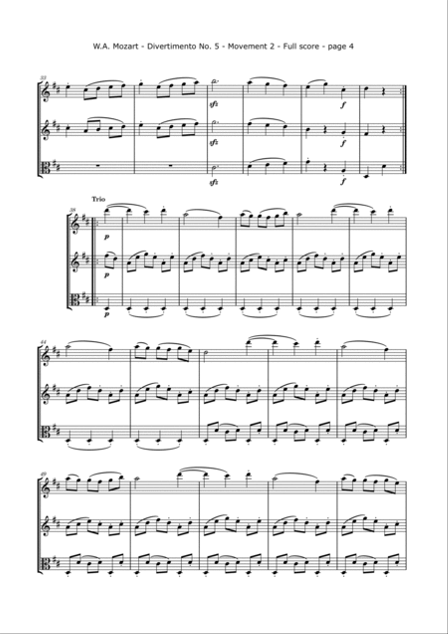 Mozart, W.A. - Divertimento No. 5, KV. 229 for 2 Violins and Viola String Trio scores gallery preview page 4