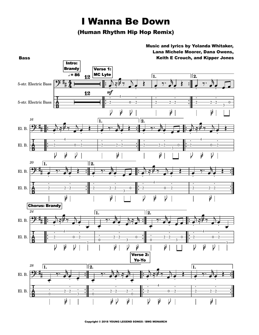 I Wanna Be Down (human Rhythm Hip Hop Remix) Bass Guitar Tablature scores gallery preview page 1