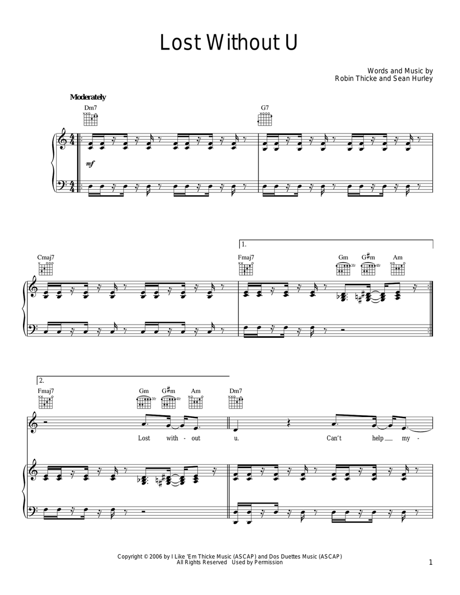 Lost Without U Piano, Vocal, Guitar scores gallery preview page 1