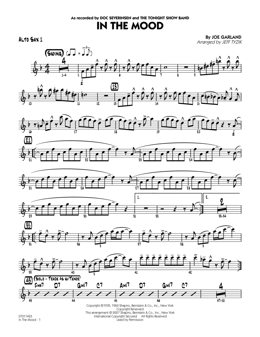 In The Mood (The Tonight Show version) - Alto Sax 1 Alto Saxophone scores gallery preview page 1