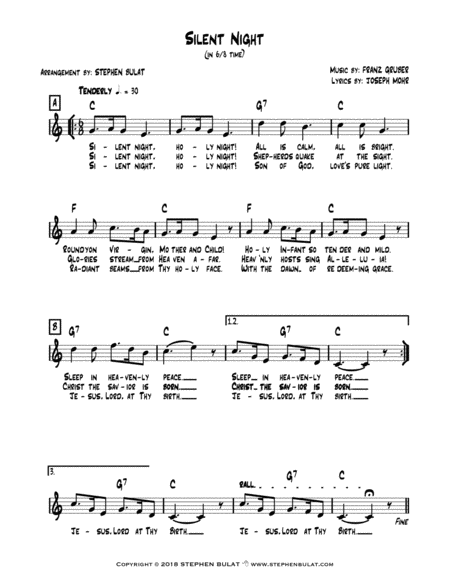 Silent Night - Lead sheet arranged in 6/8, 3/4, 4/4 and jazz waltz time (key of C)