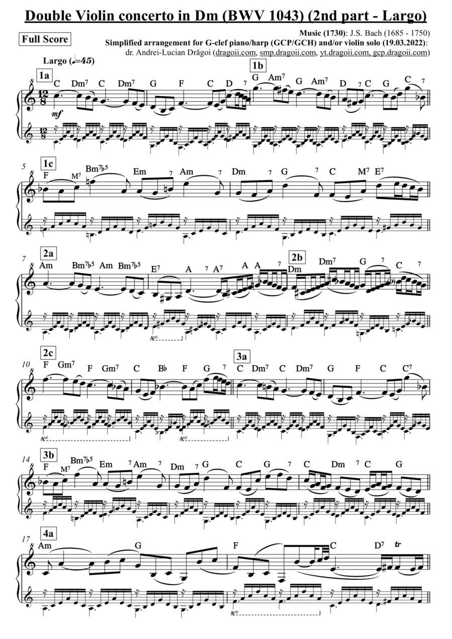 Bach (J.S.) - Double Violin concerto in Dm (BWV 1043) - 2nd part (Largo) - arr. for G-clef piano/har Violin Solo scores gallery preview page 1