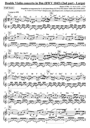 Bach (J.S.) - Double Violin concerto in Dm (BWV 1043) - 2nd part (Largo) - arr. for G-clef piano/har