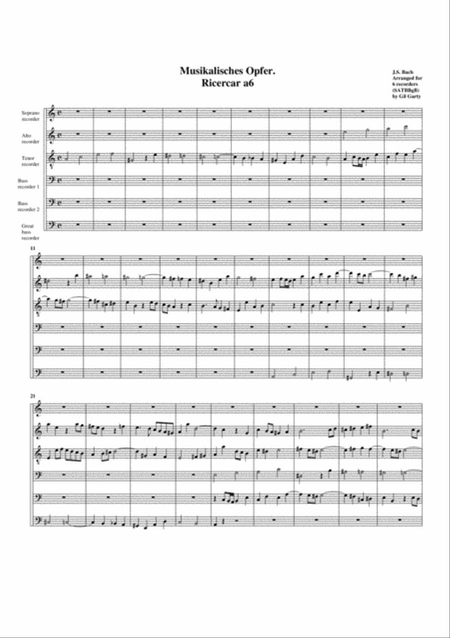 Ricercar a6 from Musikalisches Opfer, BWV 1079 (arrangement for 6 recorders) Large Ensemble scores gallery preview page 1