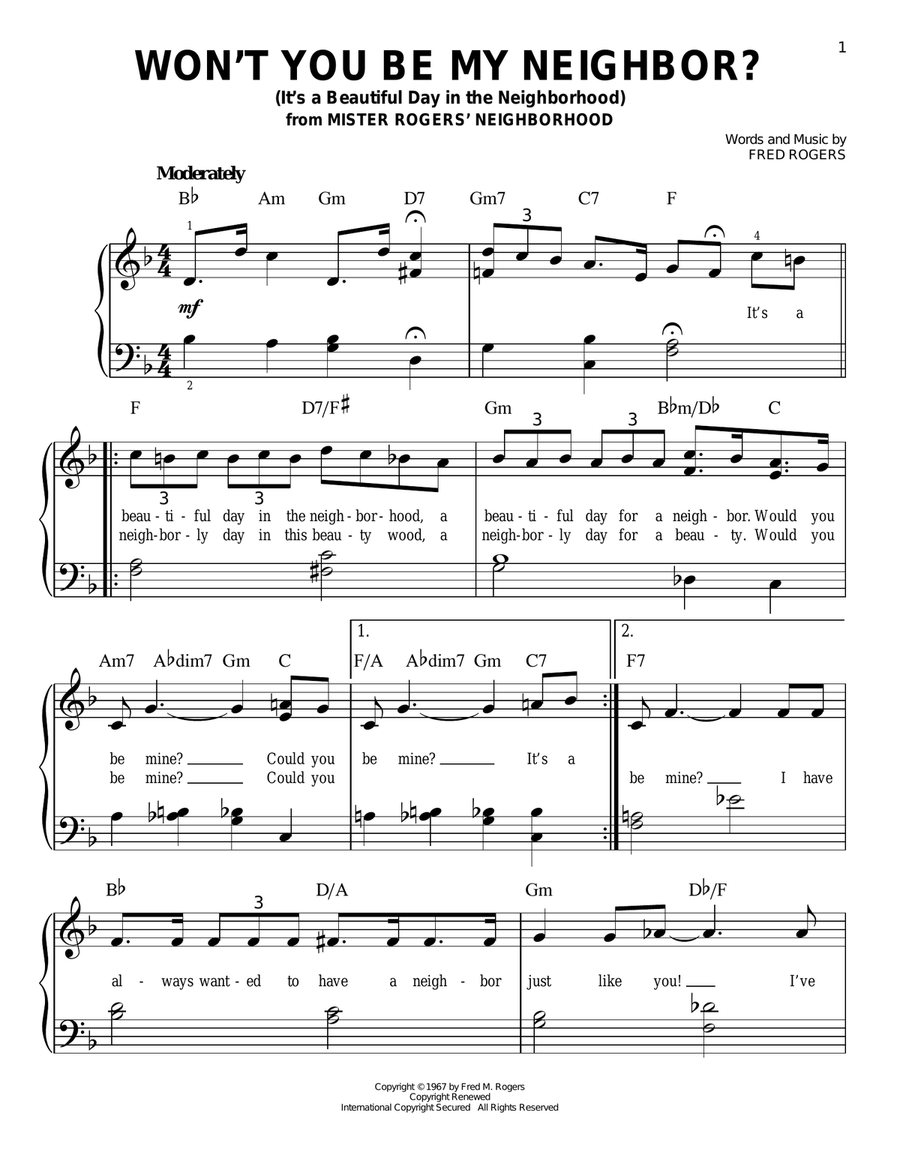 Won't You Be My Neighbor? (It's A Beautiful Day In The Neighborhood) Easy Piano scores gallery preview page 1