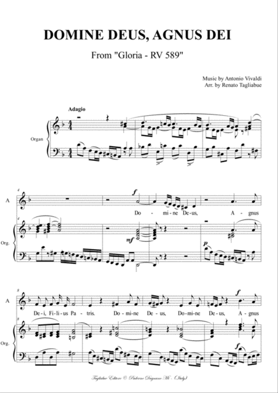 DOMINE DEUS, AGNUS DEI - Vivaldi - From "Gloria" RV 589 - For Alto, SATB Choir and Piano/Organ image number null