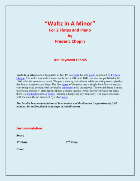 Waltz in A Minor (Chopin) - 2 Flutes and Piano - Chamber music image number null