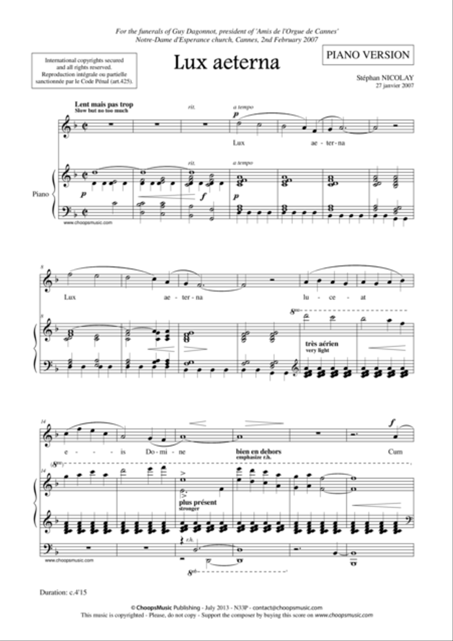 Lux Aeterna (w/piano) Lux Aeterna (w/piano) Small Ensemble scores gallery preview page 1