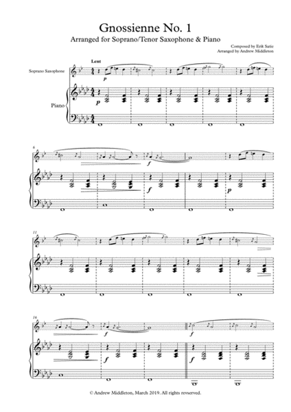 Gnossienne No. 1 arranged for Tenor Saxophone & Piano image number null