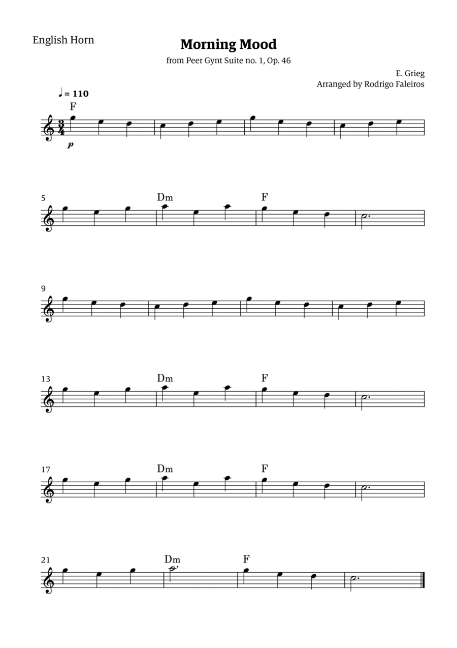 Morning Mood (solo english horn - level 1 - with chords) English Horn scores gallery preview page 1
