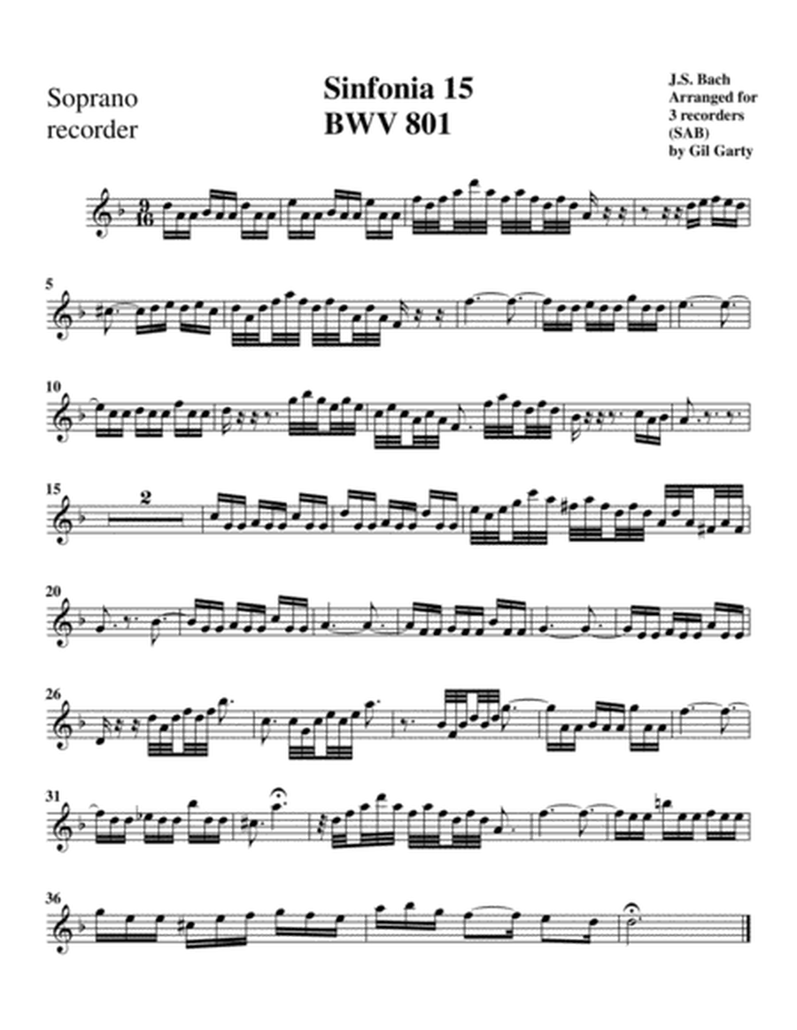 Sinfonia (Three part invention) no.15, BWV 801 (arrangement for 3 recorders)