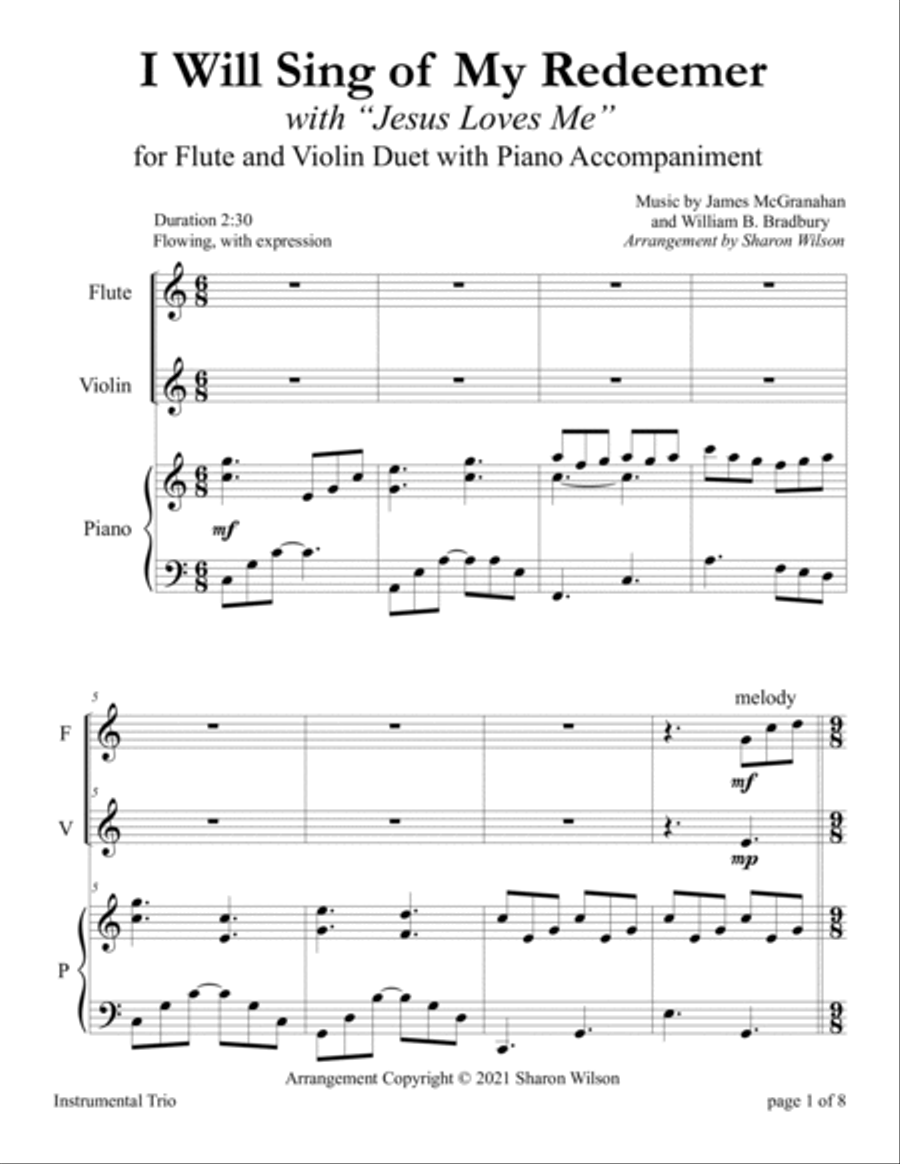 I Will Sing of My Redeemer with Jesus Loves Me (for Flute and Violin Duet with Piano accompaniment) image number null