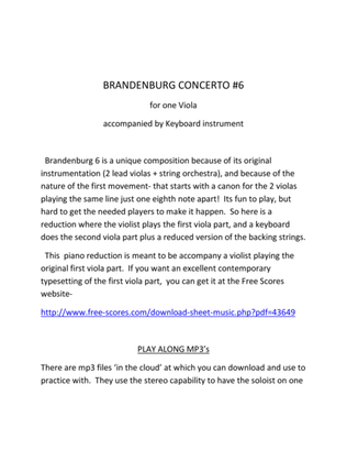 BRANDENBURG CONCERTO #6 Reduction for one Viola accompanied by Keyboard
