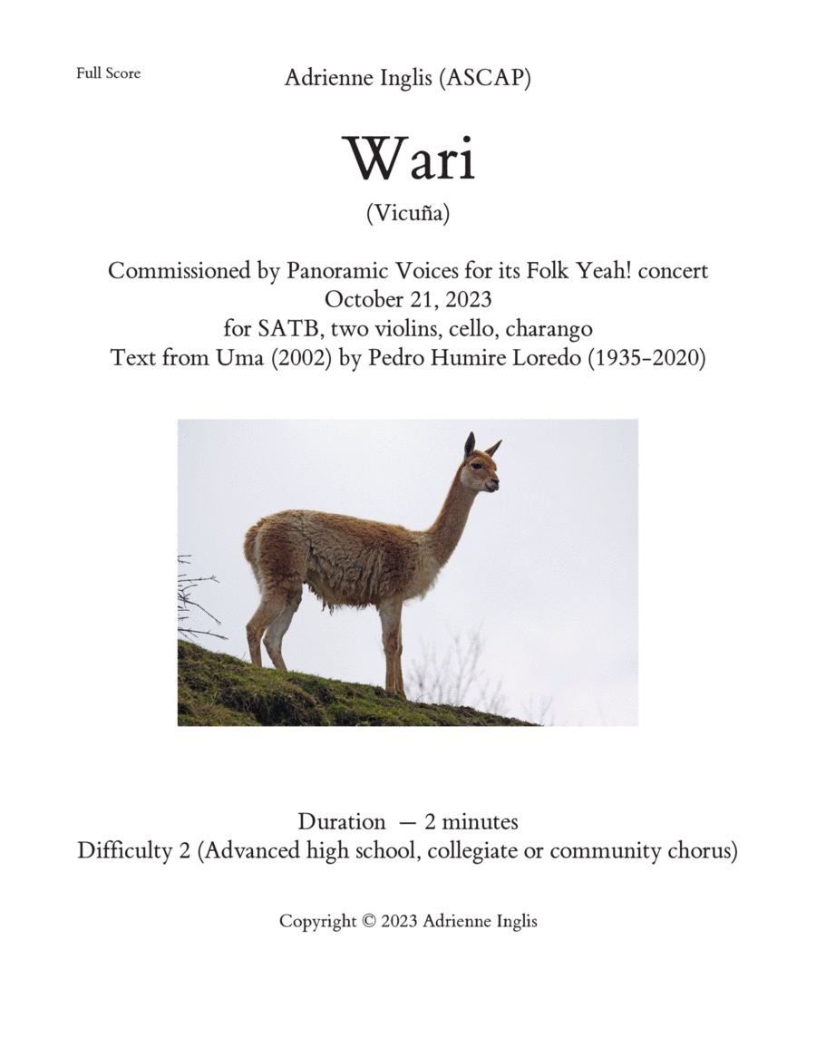 Wari (Vicuña) for SATB + string quartet with optional charango 4-Part scores gallery preview page 1