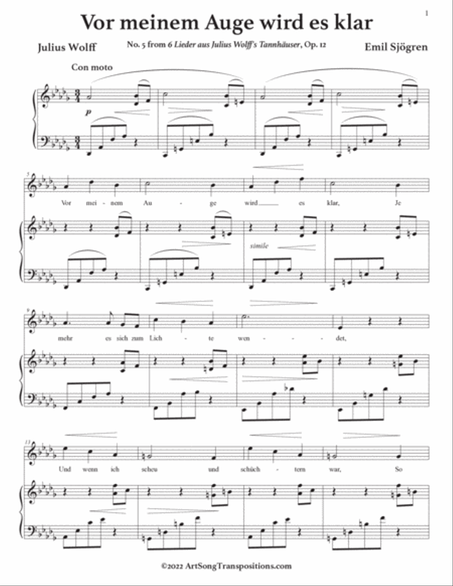 SJÖGREN: Vor meinem Auge wird es klar, Op. 12 no. 5 (transposed to D-flat major) Voice scores gallery preview page 2