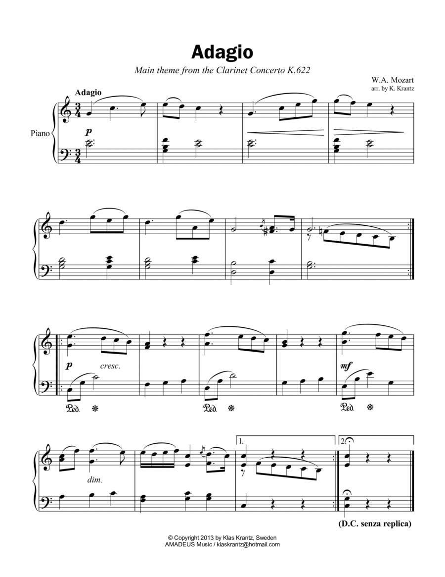 Adagio from the clarinet concerto (theme) for easy piano solo Clarinet scores gallery preview page 1