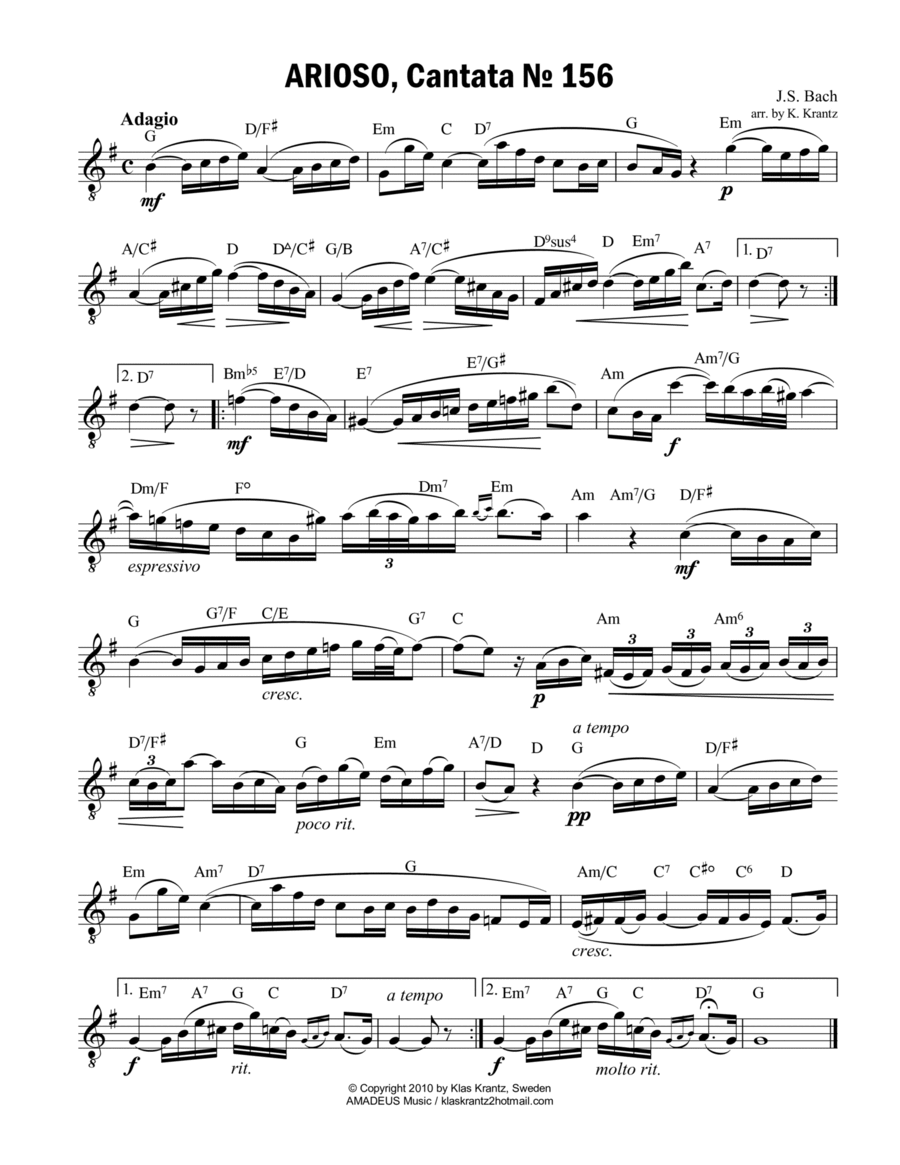 Arioso (Largo) from Cantata 156 (G Major) lead sheet with guitar chords image number null