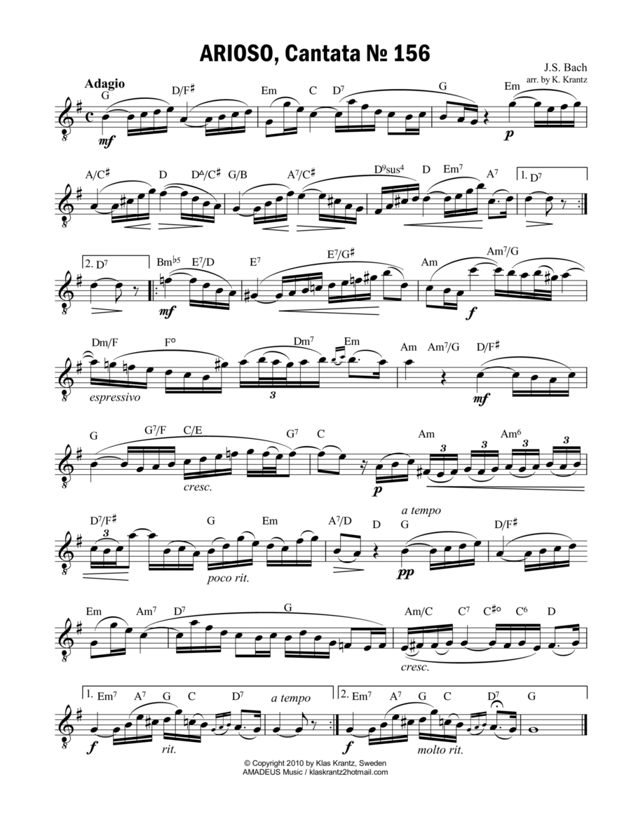 Arioso (Largo) from Cantata 156 (G Major) lead sheet with guitar chords Easy Guitar scores gallery preview page 1