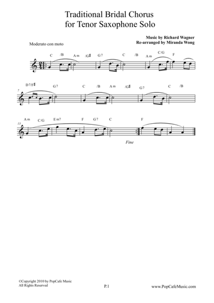 Traditional Bridal Chorus - Tenor or Soprano Saxophone