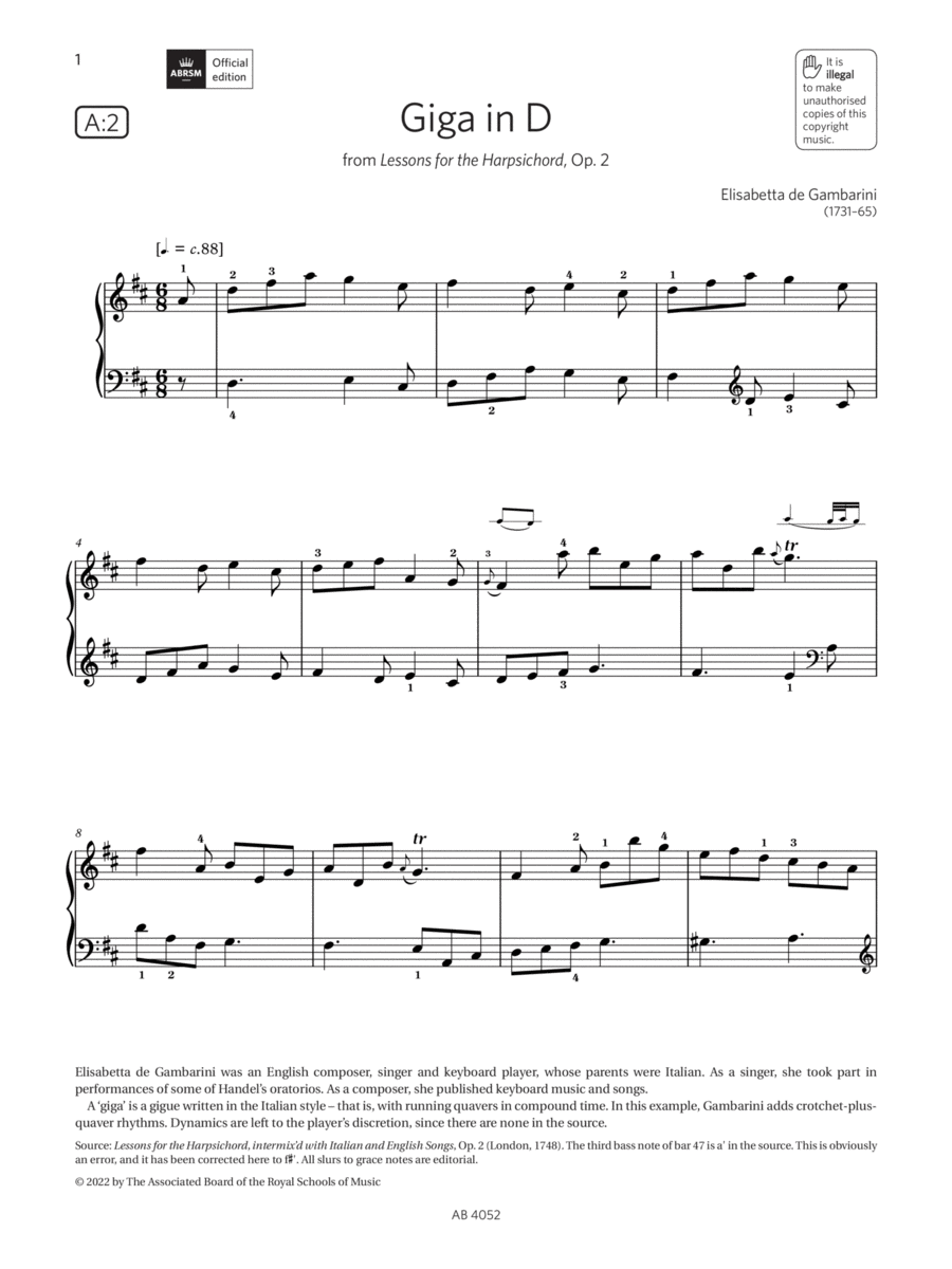 Giga in D (Grade 6, list A2, from the ABRSM Piano Syllabus 2023 & 2024) Piano Method scores gallery preview page 1
