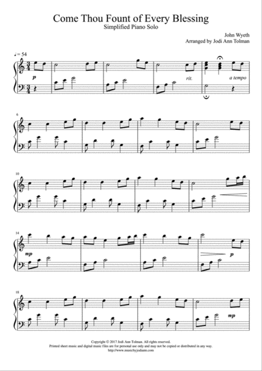 Come Thou Fount of Every Blessing, Simplified Piano Solo Easy Piano scores gallery preview page 1