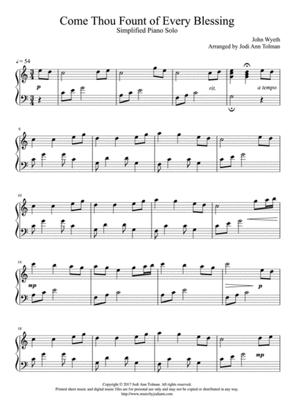 Come Thou Fount of Every Blessing, Simplified Piano Solo