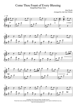 Come Thou Fount of Every Blessing, Simplified Piano Solo