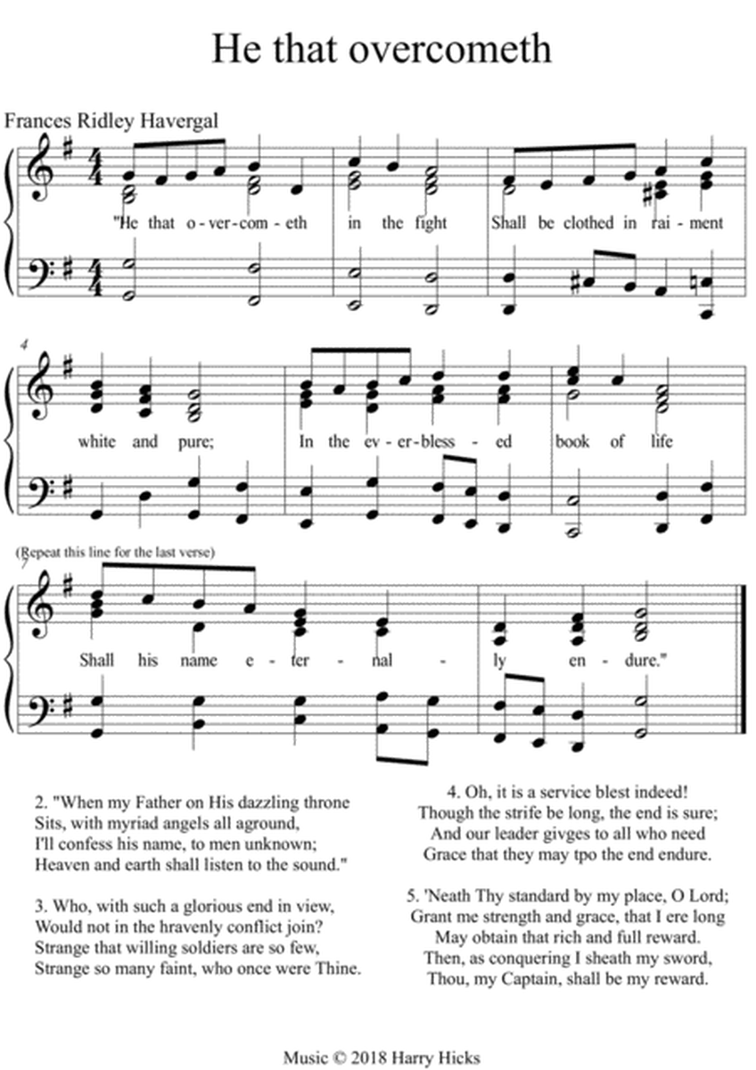 He that overcometh. A new tune to Frances Ridley Havergal's hymn.