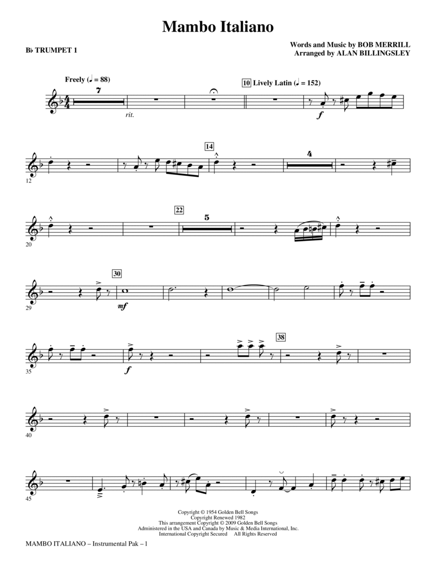 Mambo Italiano (arr. Alan Billingsley) - Trumpet 1 Choir scores gallery preview page 1