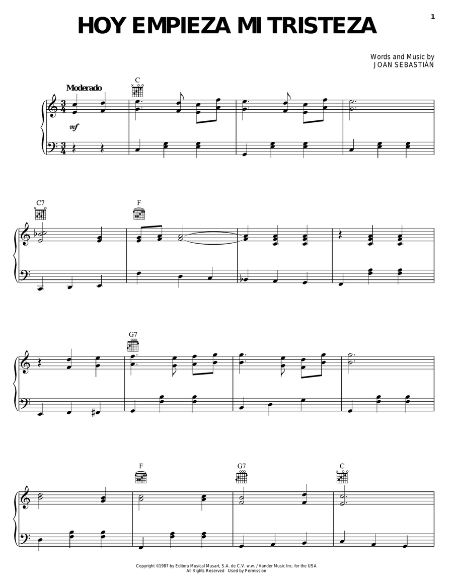 Hoy Empieza Mi Tristeza Piano, Vocal, Guitar scores gallery preview page 1