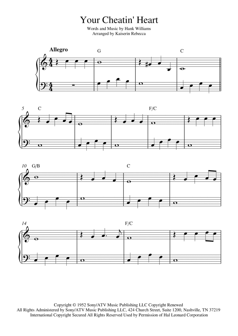 Your Cheatin' Heart Easy Piano scores gallery preview page 1