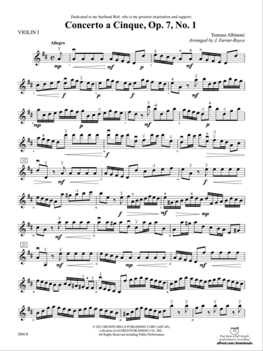 Concerto a Cinque, Op. 7, No. 1: 1st Violin String Orchestra scores gallery preview page 1