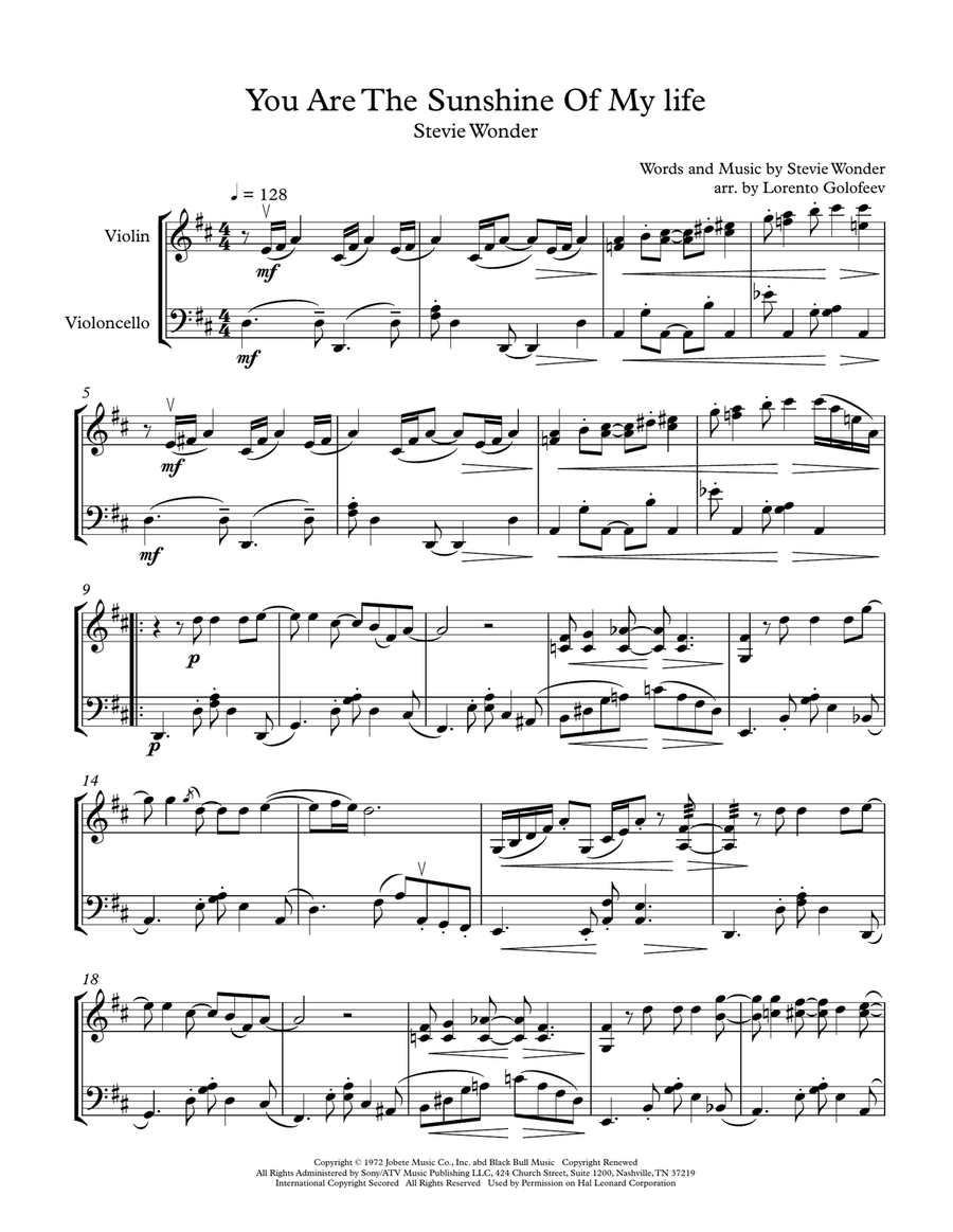 You Are The Sunshine Of My Life String Duet scores gallery preview page 1