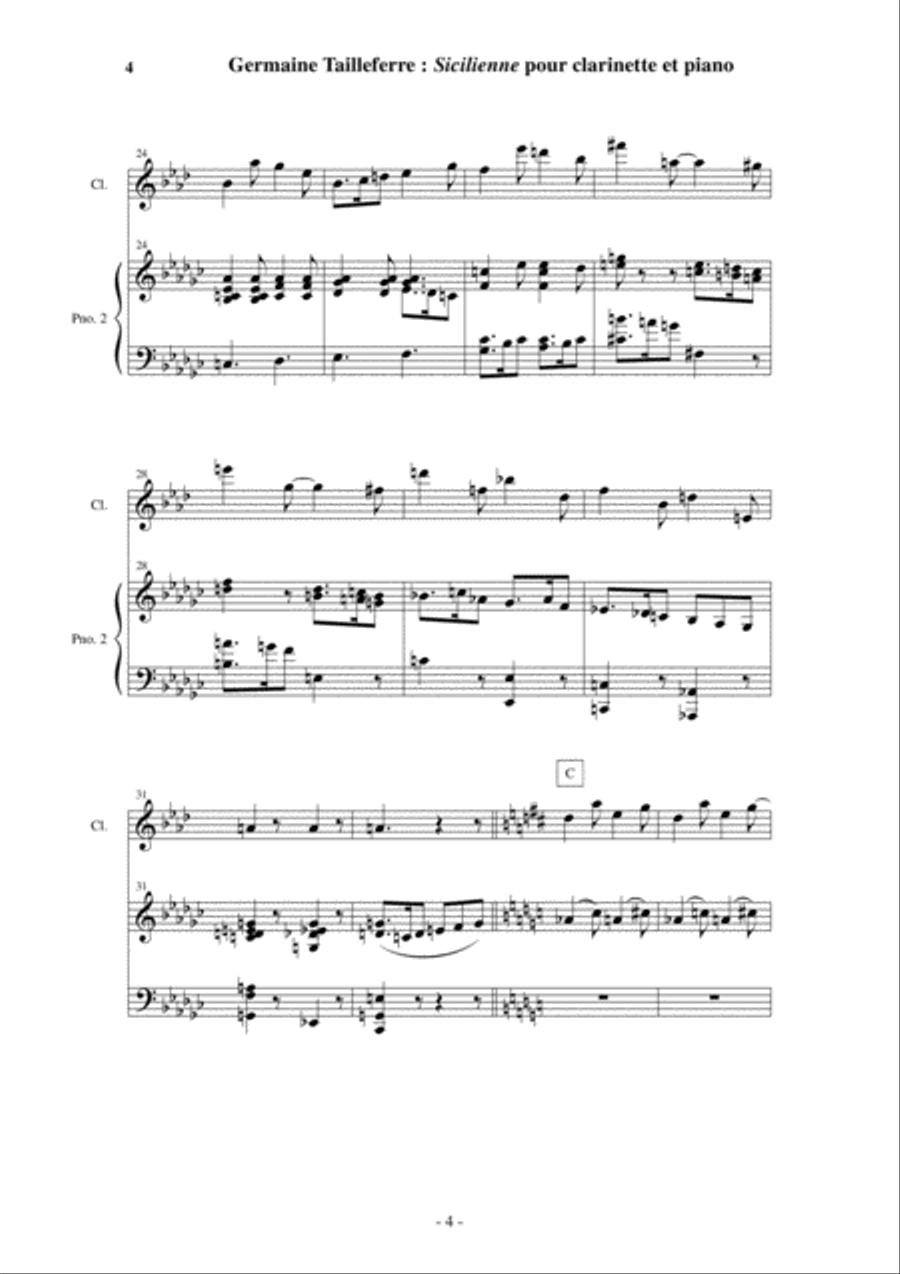 Germaine Tailleferre: Sicilienne for clarinet and piano Clarinet Solo scores gallery preview page 4