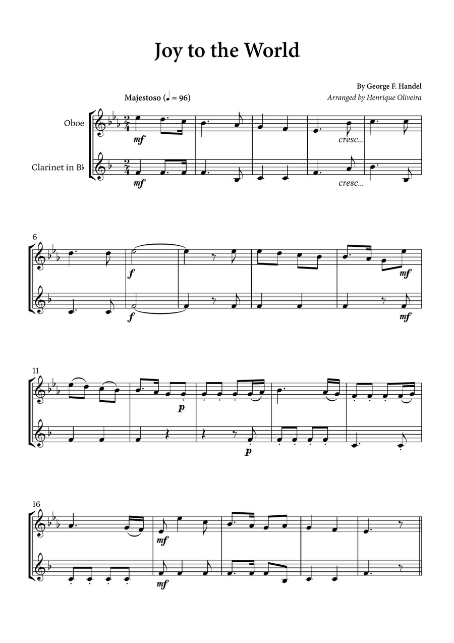 Joy to the World (Oboe and Clarinet) - Christmas Carol Woodwind Duet scores gallery preview page 1