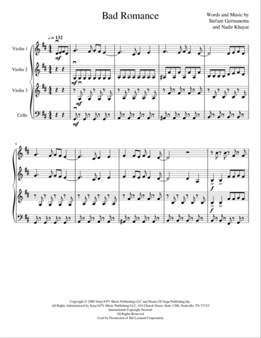 Bad Romance Bad Romance String Quartet scores gallery preview page 2